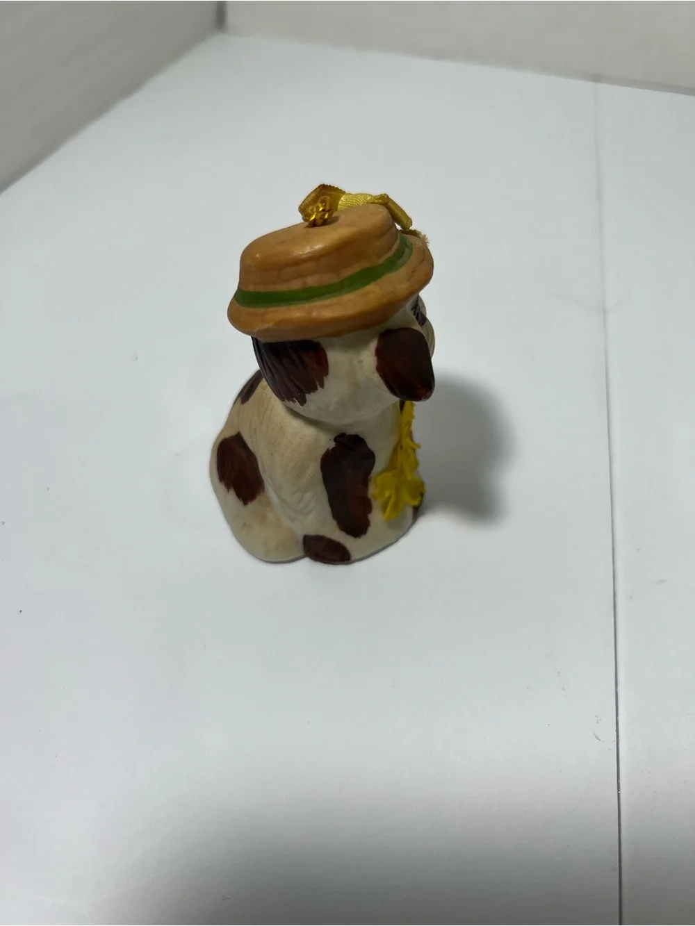 Porcelain Cat Figurine Bell with Hat and Yellow Flowers